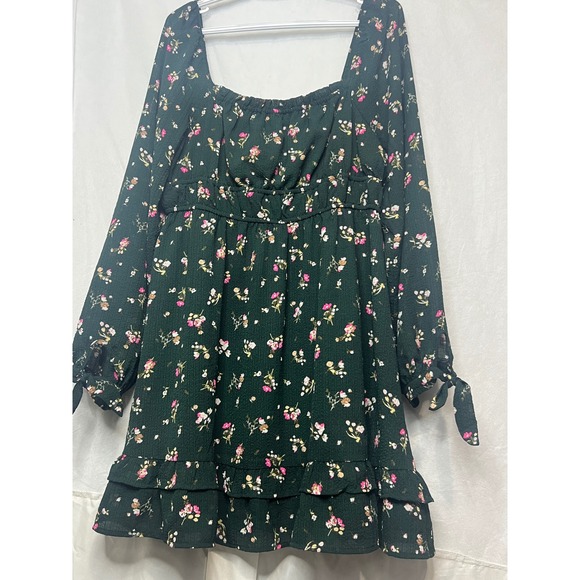 Lush Dresses & Skirts - Lush Green Floral Square Neck Mini Dress XL Long Sleeve Ruffle Hem Stretch